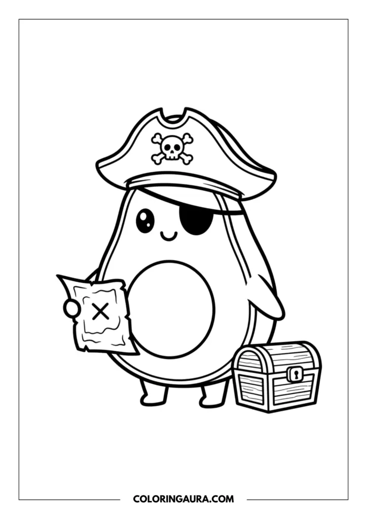 Line art coloring page showing a cute avocado dressed as a pirate, wearing a skull-and-crossbones hat and eye patch, holding a treasure map next to a wooden chest.