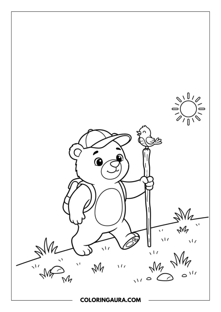 Line art coloring page showing a cute teddy bear hiking with a backpack and cap, holding a walking stick with a small bird perched on top.