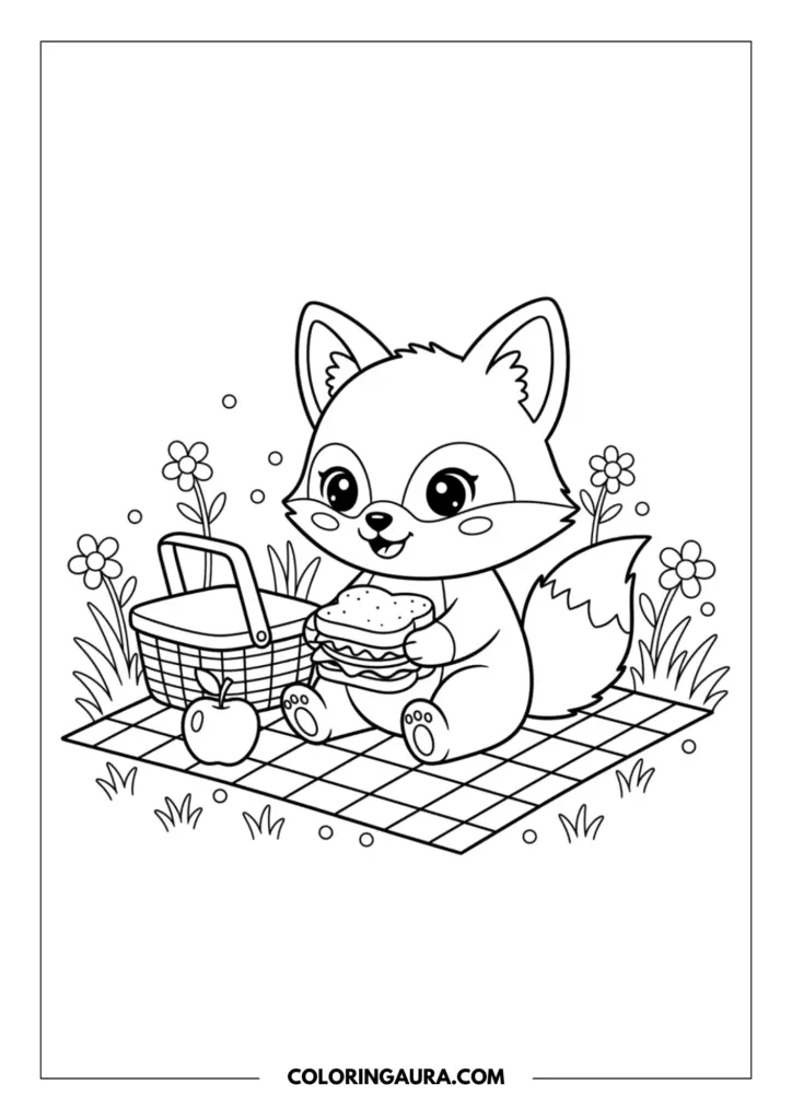 Line art coloring page showing a happy fox sitting on a checkered blanket holding a sandwich next to a picnic basket and an apple in a meadow.