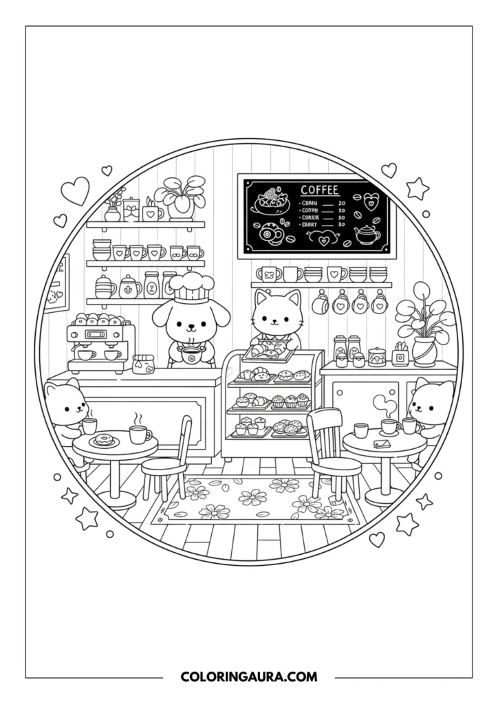 Line art coloring page showing a detailed coffee shop scene enclosed in a circular frame. A puppy barista stands behind a counter with an espresso machine, while a cat holds a tray of pastries near cafe tables, chairs, and a chalkboard menu listing coffee options.