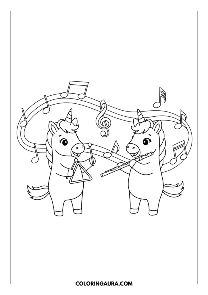 Line art coloring page showing two musical unicorns playing instruments under a flowing ribbon of music notes. One plays a triangle while the other plays a flute, creating a harmonious melody together.