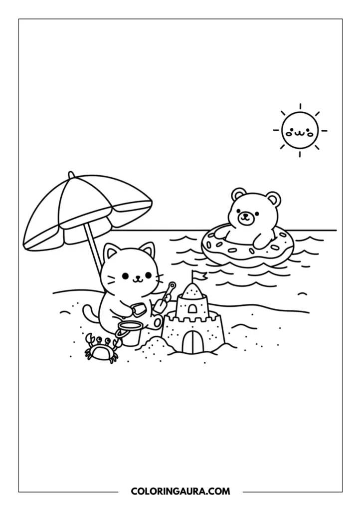 Line art coloring page showing a cat building a sandcastle under a parasol while a cute bear floats in the ocean on a donut ring, with a smiling sun overhead.