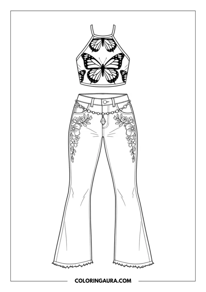 Line art coloring page showing a floating outfit layout featuring a butterfly print halter top and low-rise flared jeans with floral embroidery and a chain belt.