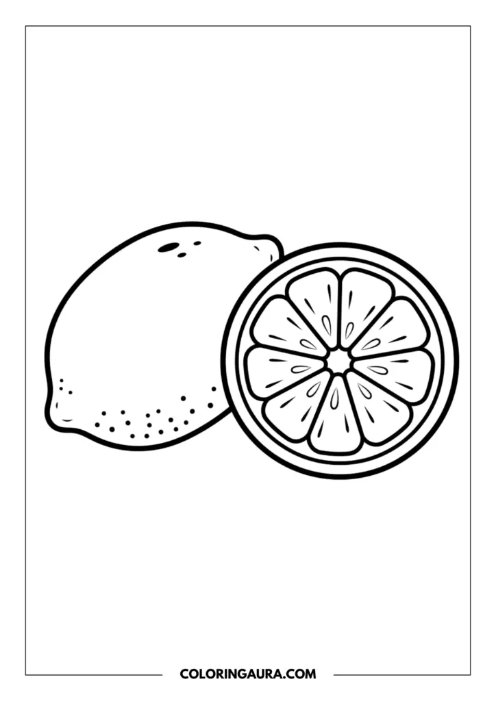 Line art coloring page showing a whole lemon with textured skin sitting next to a detailed cross-section slice.