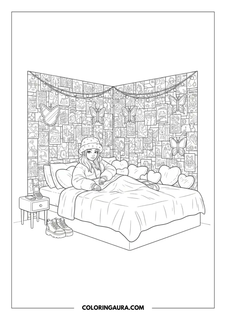 Outline of a girl wearing a fuzzy bucket hat and puffer jacket sitting on a bed with heart pillows. The background features a detailed butterfly wall collage and a retro flip phone on a nightstand.