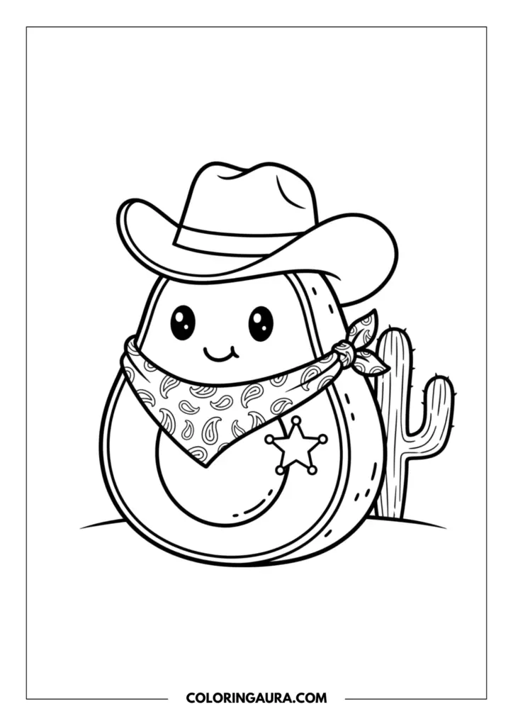 Line art coloring page showing a cute avocado dressed as a sheriff, wearing a cowboy hat and paisley bandana, displaying a star badge next to a cactus.