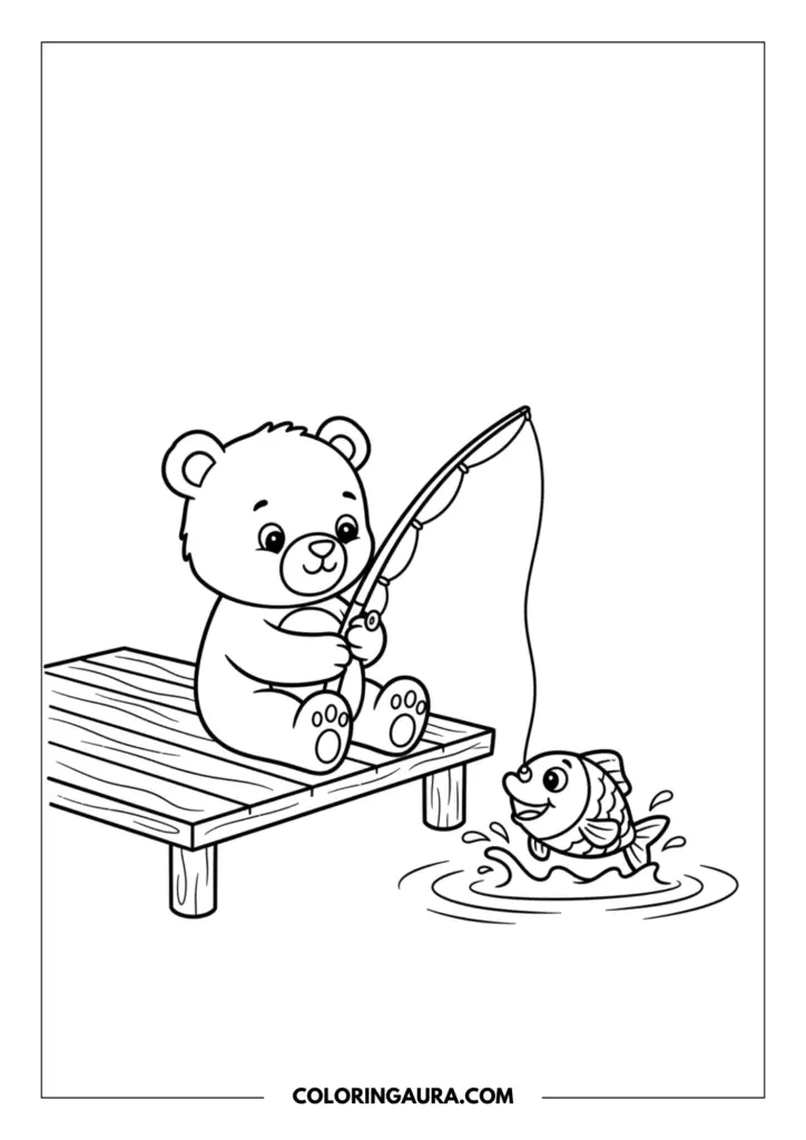 Line art coloring page showing a cute teddy bear sitting on a wooden pier, holding a fishing rod and catching a smiling fish jumping out of the water.