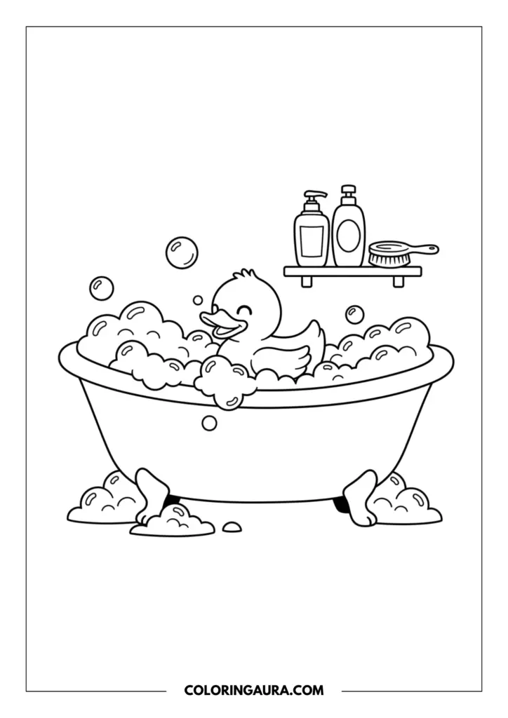 Line art coloring page showing a happy duckling taking a bubble bath in a tub with shampoo bottles and a brush on a shelf in the background.