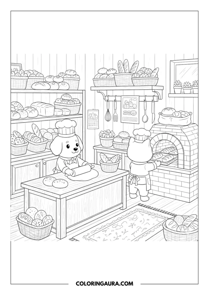 Line art coloring page showing a dog and a cat working together in a rustic bakery. The dog chef rolls dough on a wooden table while the cat places trays into a brick oven, surrounded by shelves stacked with fresh loaves, baskets of baguettes, and flour sacks.