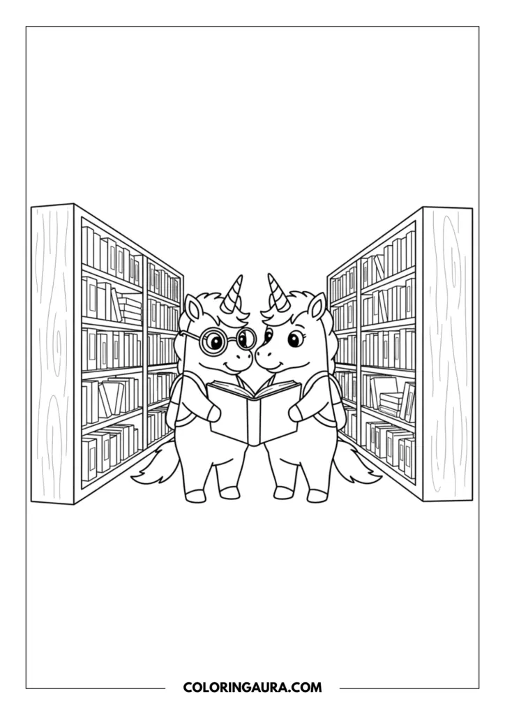 Line art coloring page showing two studious unicorns standing between tall bookshelves in a quiet library. One unicorn wears glasses and a backpack while sharing an open book with a friend, surrounded by rows of literature.