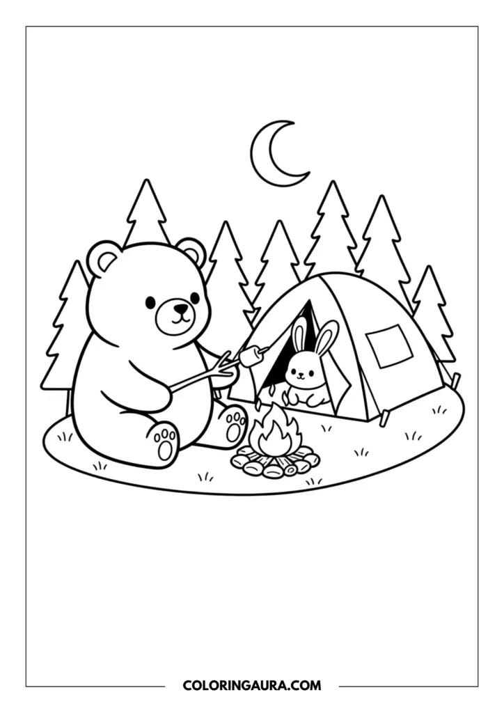 Line art coloring page showing a cute bear roasting a marshmallow over a campfire while a bunny peeks out from a tent under a crescent moon and pine trees.