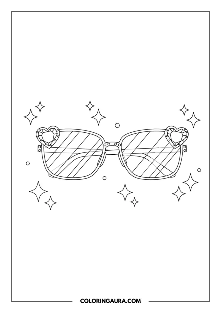 Line art coloring page showing rimless rectangular sunglasses featuring heart-shaped gems on the corners and surrounded by sparkle stars.