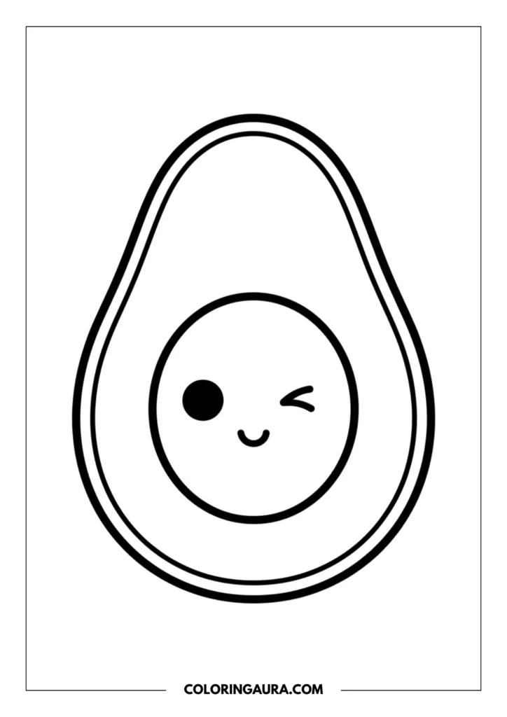 Line art coloring page showing a sliced avocado half containing a round pit with a cute winking face and a smile.
