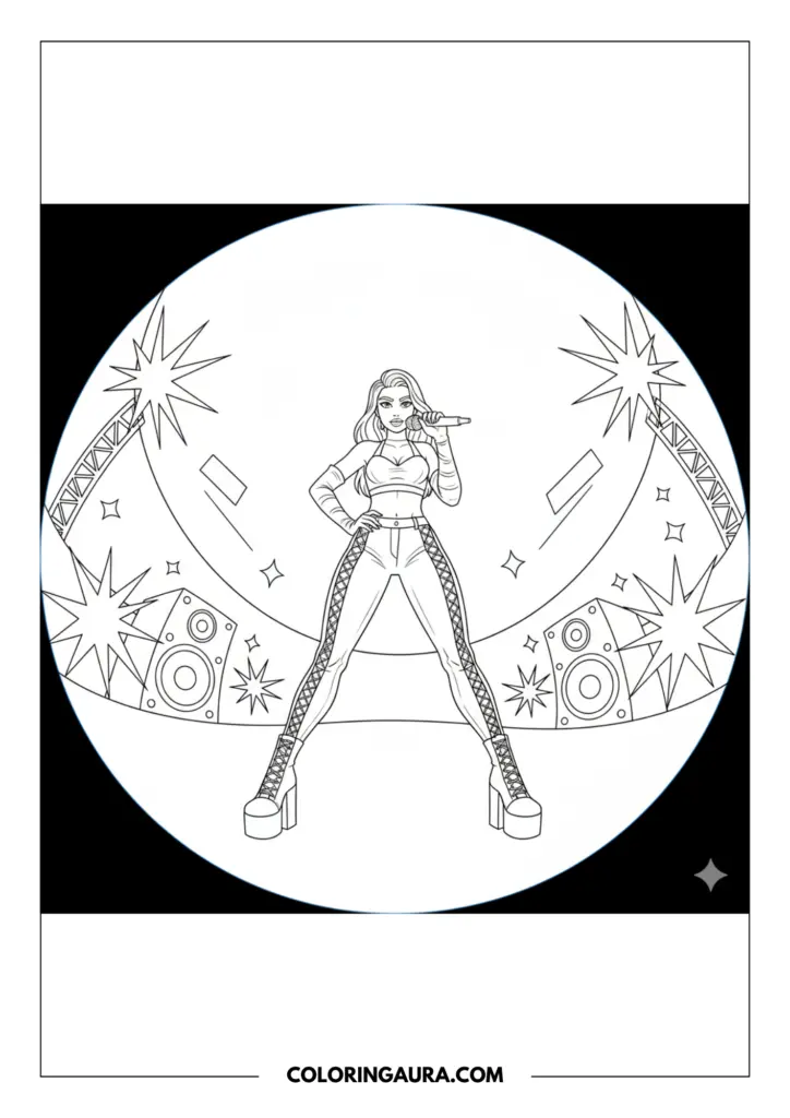 Line art coloring page showing a pop star in a halter top and lace-up pants singing into a microphone. The scene uses a fisheye lens perspective and features speakers, stage lights, and starry sparkles