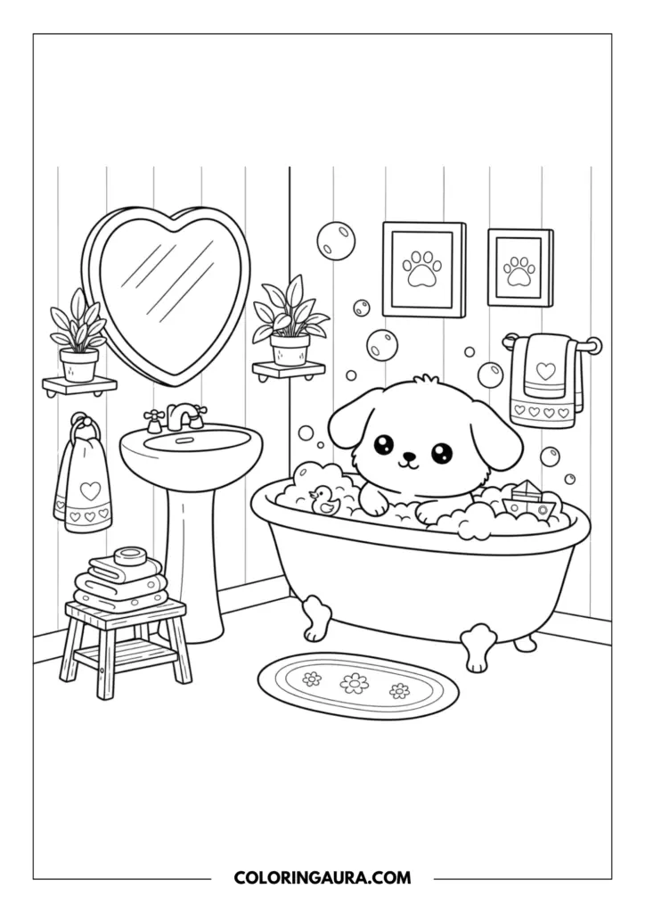 Line art coloring page showing a cute puppy taking a bubble bath with a rubber duck and toy boat. The bathroom setting includes a heart-shaped mirror above a pedestal sink, framed paw print artwork, and fresh towels hanging on the wall.