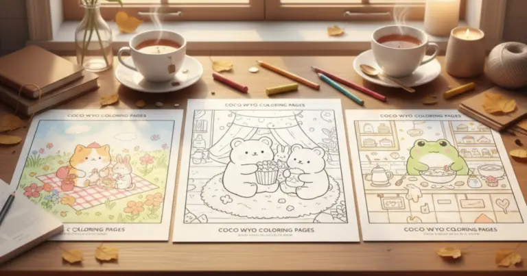 Line art coloring page showing a cozy scene in the style of Coco Wyo features two cute bears sitting on a rug inside a blanket fort eating popcorn, surrounded by autumn leaves.