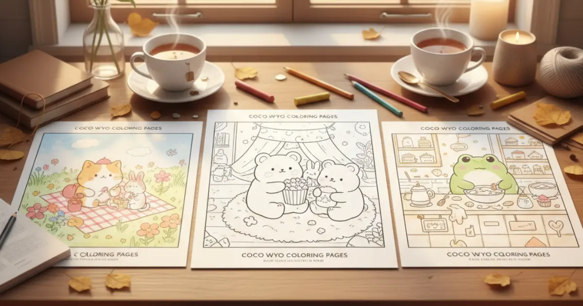 Line art coloring page showing a cozy scene in the style of Coco Wyo features two cute bears sitting on a rug inside a blanket fort eating popcorn, surrounded by autumn leaves.