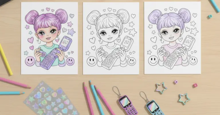 Line art coloring page showing a cute girl with a space buns hairstyle holding an open flip phone, surrounded by floating hearts, stars, and retro smiley faces.