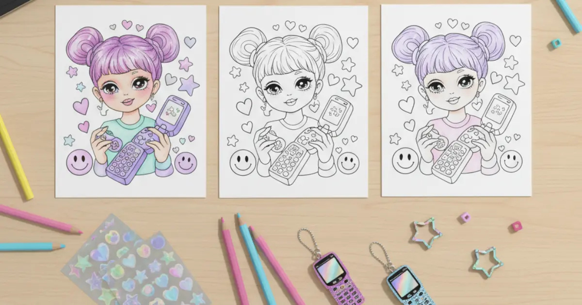 Line art coloring page showing a cute girl with a space buns hairstyle holding an open flip phone, surrounded by floating hearts, stars, and retro smiley faces.