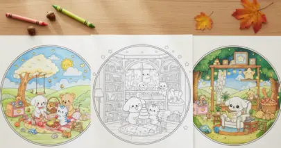 Line art coloring page showing a circular scene of a cute puppy and kitten building a tower with blocks in a cozy playroom filled with books and toys.