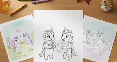 Line art coloring page showing two student unicorns standing side-by-side with backpacks during show and tell. The unicorn on the left holds a small pet turtle, while the friend on the right proudly displays a drawing of a flower.