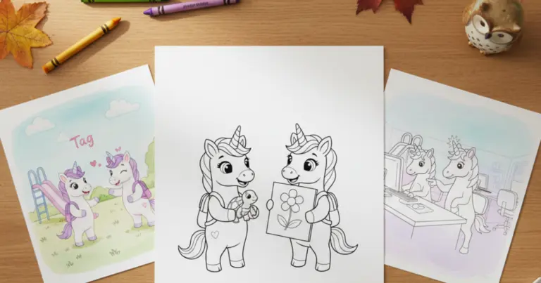Line art coloring page showing two student unicorns standing side-by-side with backpacks during show and tell. The unicorn on the left holds a small pet turtle, while the friend on the right proudly displays a drawing of a flower.