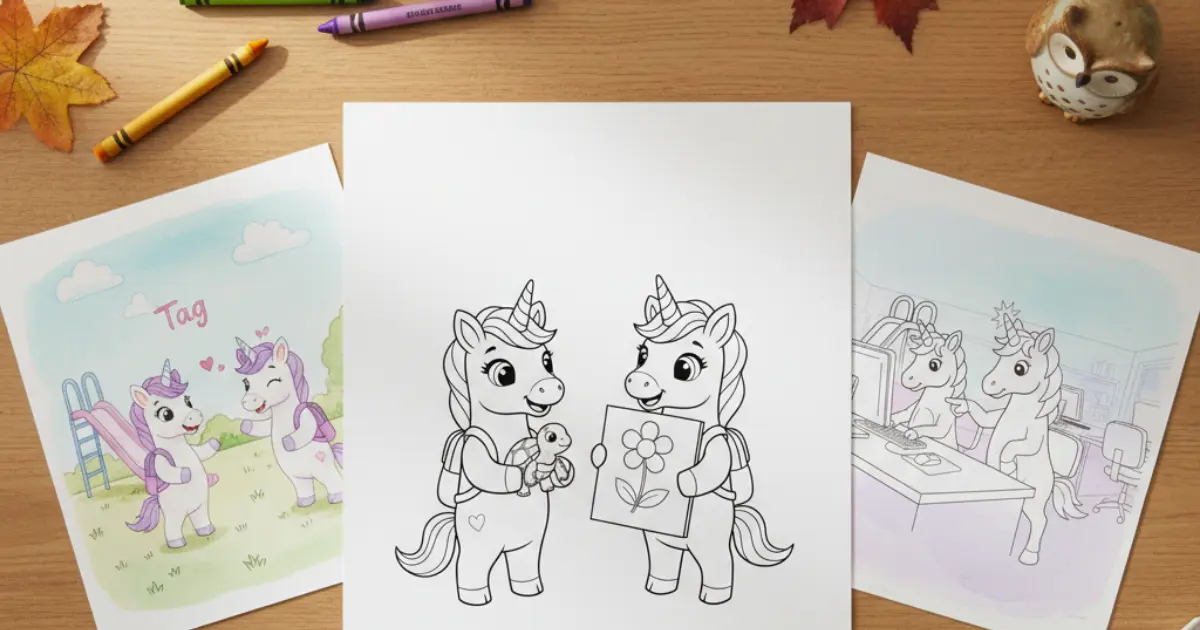 Line art coloring page showing two student unicorns standing side-by-side with backpacks during show and tell. The unicorn on the left holds a small pet turtle, while the friend on the right proudly displays a drawing of a flower.