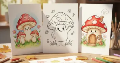 Line art coloring page showing a cozy autumn desk scene with three mushroom cards, featuring a central outline of a waving mushroom character surrounded by colored examples.