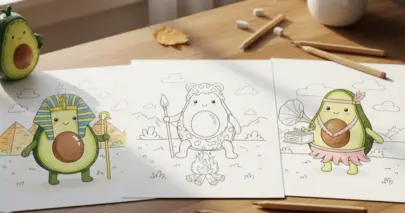 Line art coloring page showing a collection of avocado characters dressed in historical costumes, including an Egyptian Pharaoh, a caveman by a fire, and a 1920s dancer with a gramophone.