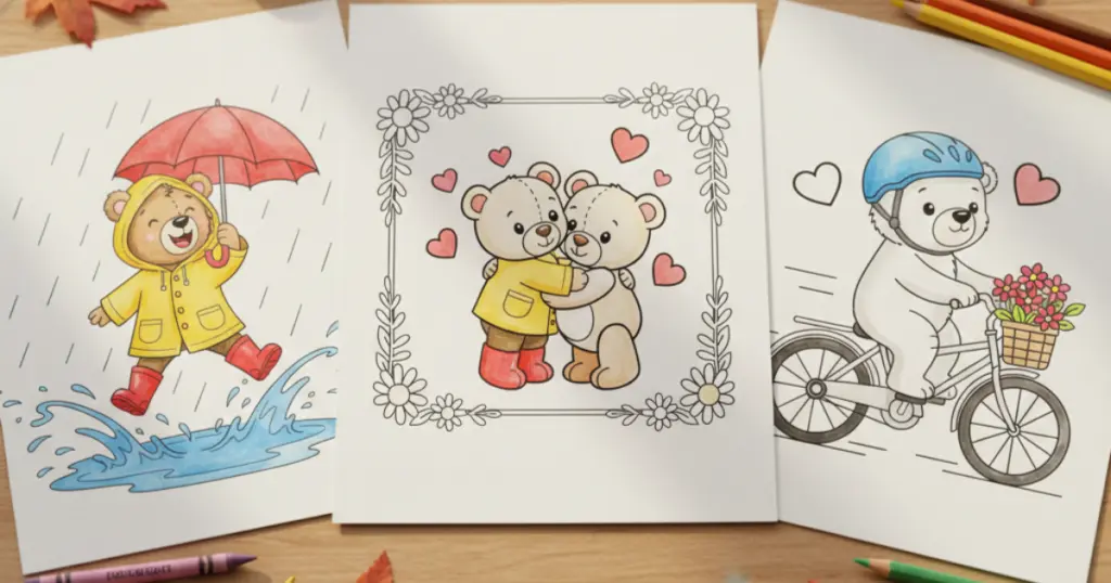 Line art coloring pages showing a collection of three cute teddy bear designs: one jumping in a puddle, two hugging in a floral frame, and one riding a bicycle, arranged on a wooden table with autumn leaves.