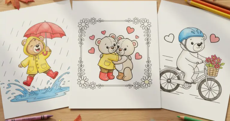 Line art coloring pages showing a collection of three cute teddy bear designs: one jumping in a puddle, two hugging in a floral frame, and one riding a bicycle, arranged on a wooden table with autumn leaves.