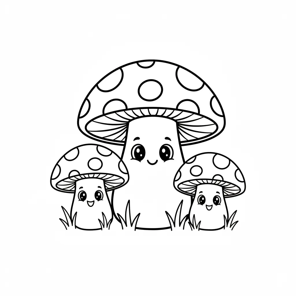 Line art coloring page showing a cheerful trio of mushrooms with spotted caps standing together in a patch of fresh grass.