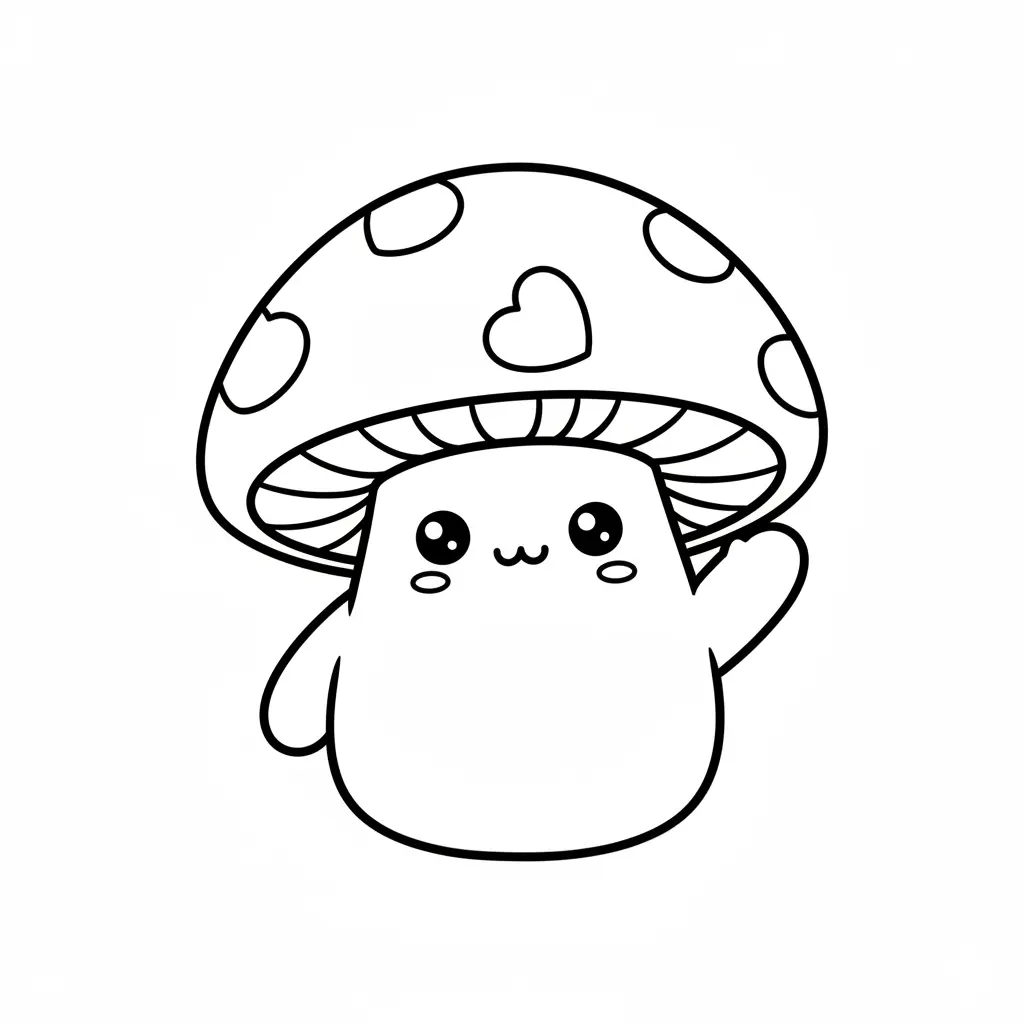 Outline of an adorable kawaii mushroom with heart-shaped spots on its cap waving hello with a sweet, blushing smile.