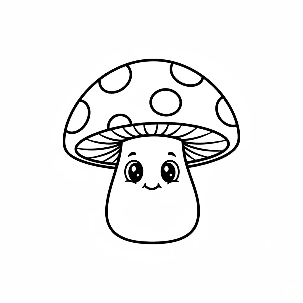 Outline of a single cute toadstool mushroom with large circular spots on its cap and big sparkling eyes looking forward.
