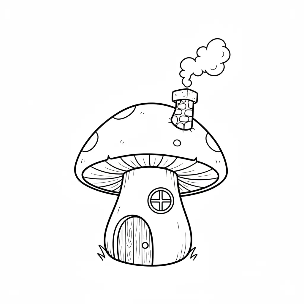 Outline of a whimsical mushroom house featuring a round window, a wooden door, and a brick chimney puffing out smoke.