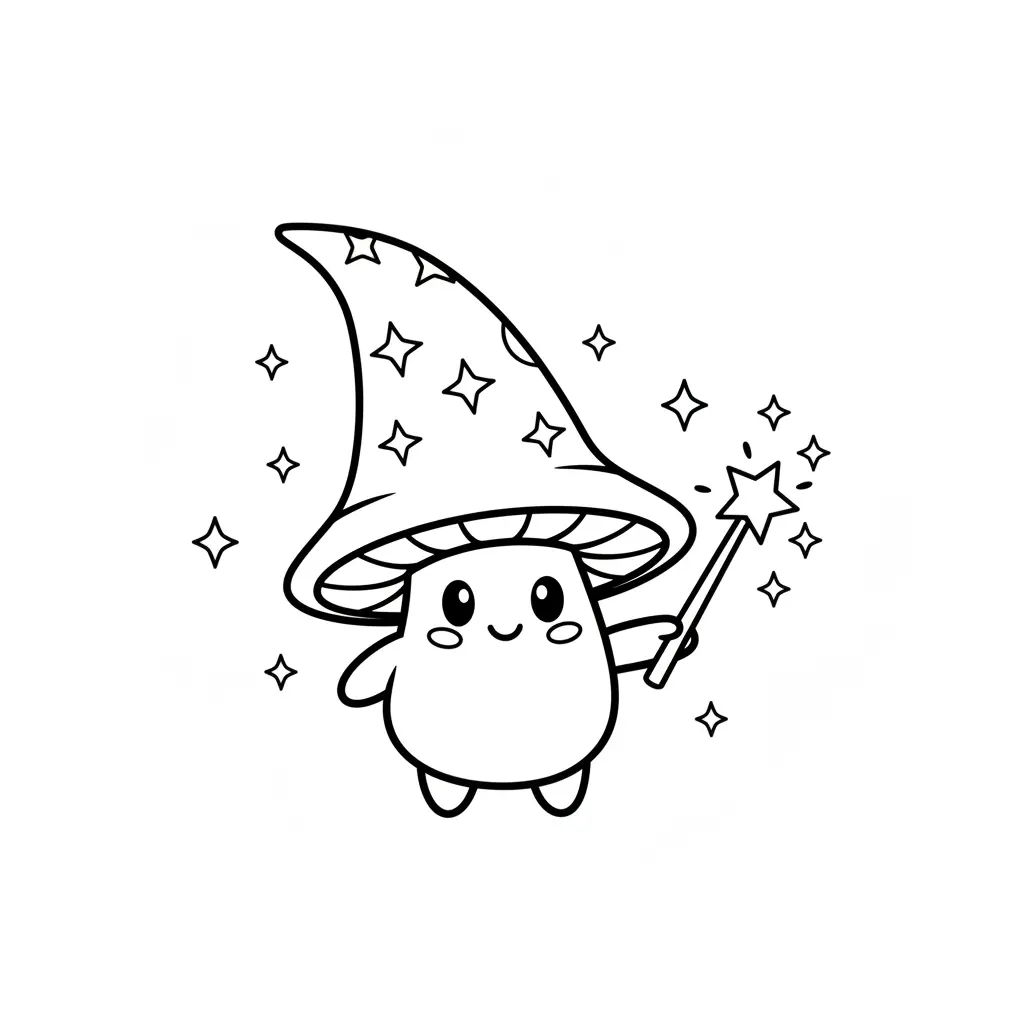 Line art coloring page showing a magical mushroom wearing a wizard hat with stars and holding a wand that is casting sparkling magic.