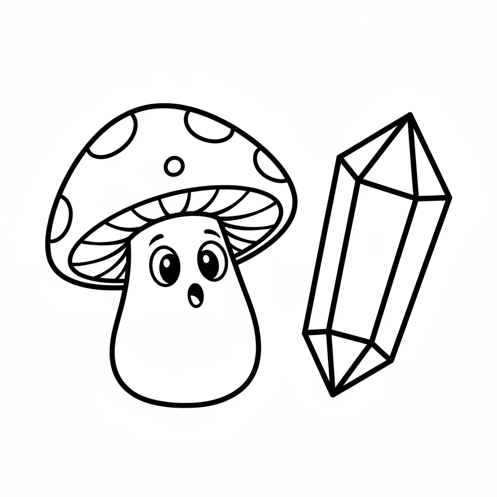 Outline of a mushroom character with a spotted cap looking in awe at a large, sharp crystal shard standing next to it.