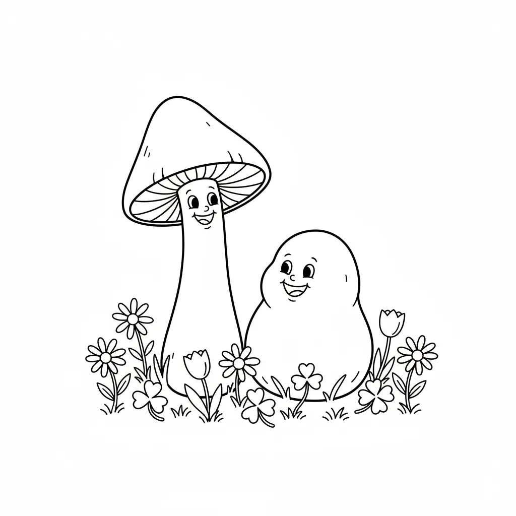 Line art coloring page showing a tall, thin mushroom and a short, round mushroom smiling at each other surrounded by tulips, daisies, and clovers.