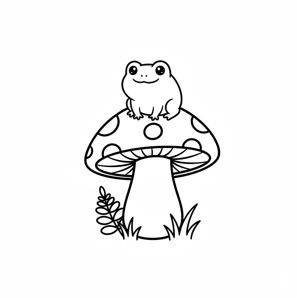 Outline of a tiny frog sitting contentedly on top of a large spotted mushroom cap surrounded by grass.