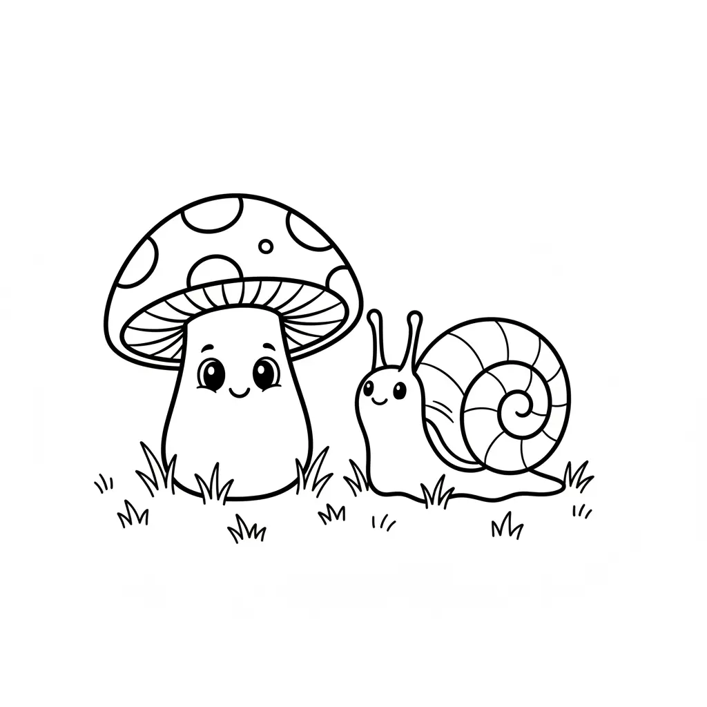 Line art coloring page showing a smiling mushroom and a friendly snail with a spiral shell chatting in the grass.