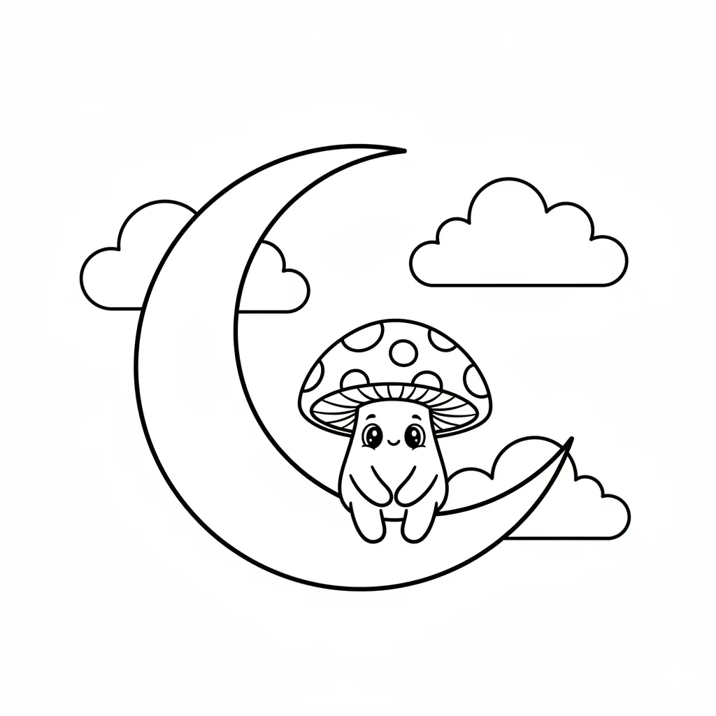 Line art coloring page showing a calm mushroom character sitting on a crescent moon surrounded by fluffy clouds in the night sky.