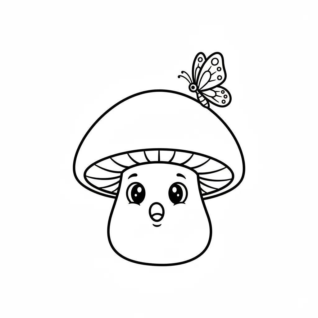 Outline of a cute mushroom with a surprised expression and a beautiful butterfly perched gently on its cap.