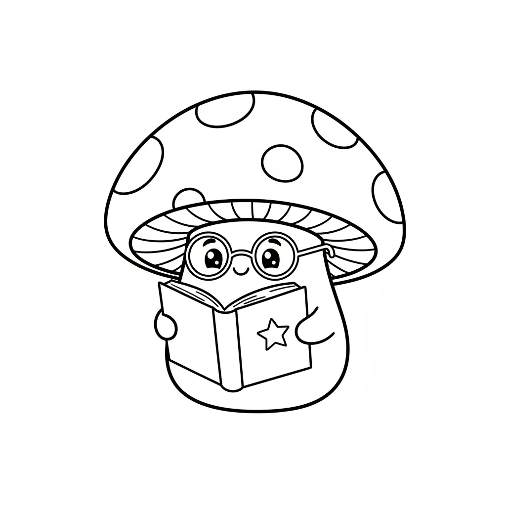 Line art coloring page showing a smart mushroom wearing round glasses reading a book with a star on the cover.