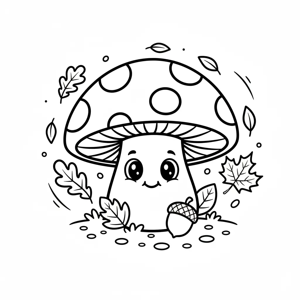 Line art coloring page showing a happy mushroom surrounded by falling oak leaves and a small acorn in the grass.