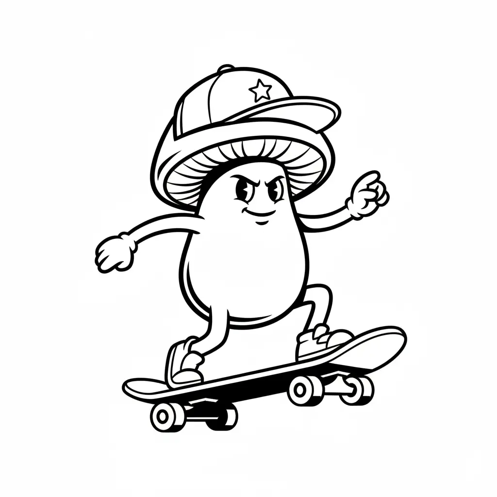 Line art coloring page showing a cool mushroom wearing a baseball cap and confidently riding a skateboard.