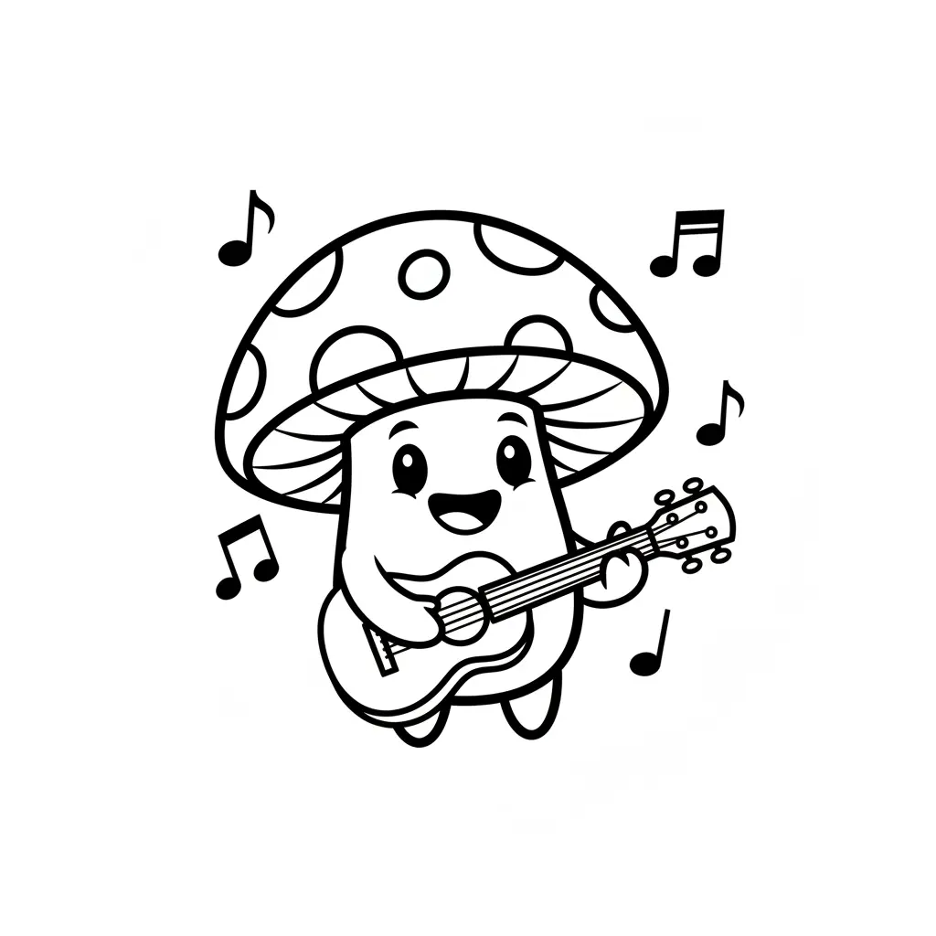 Outline of a happy mushroom playing a small acoustic guitar with musical notes floating around.