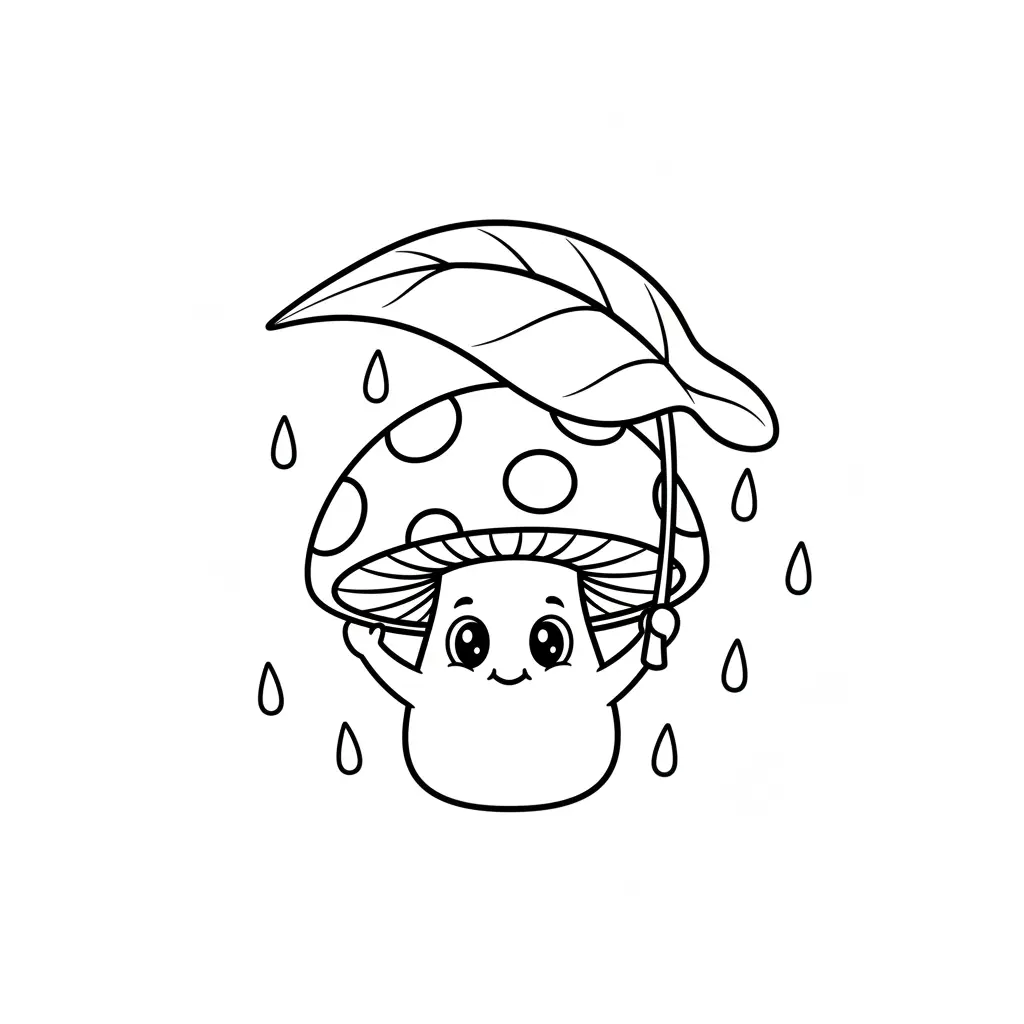 Outline of a sweet mushroom holding a large leaf overhead to stay dry from falling raindrops.