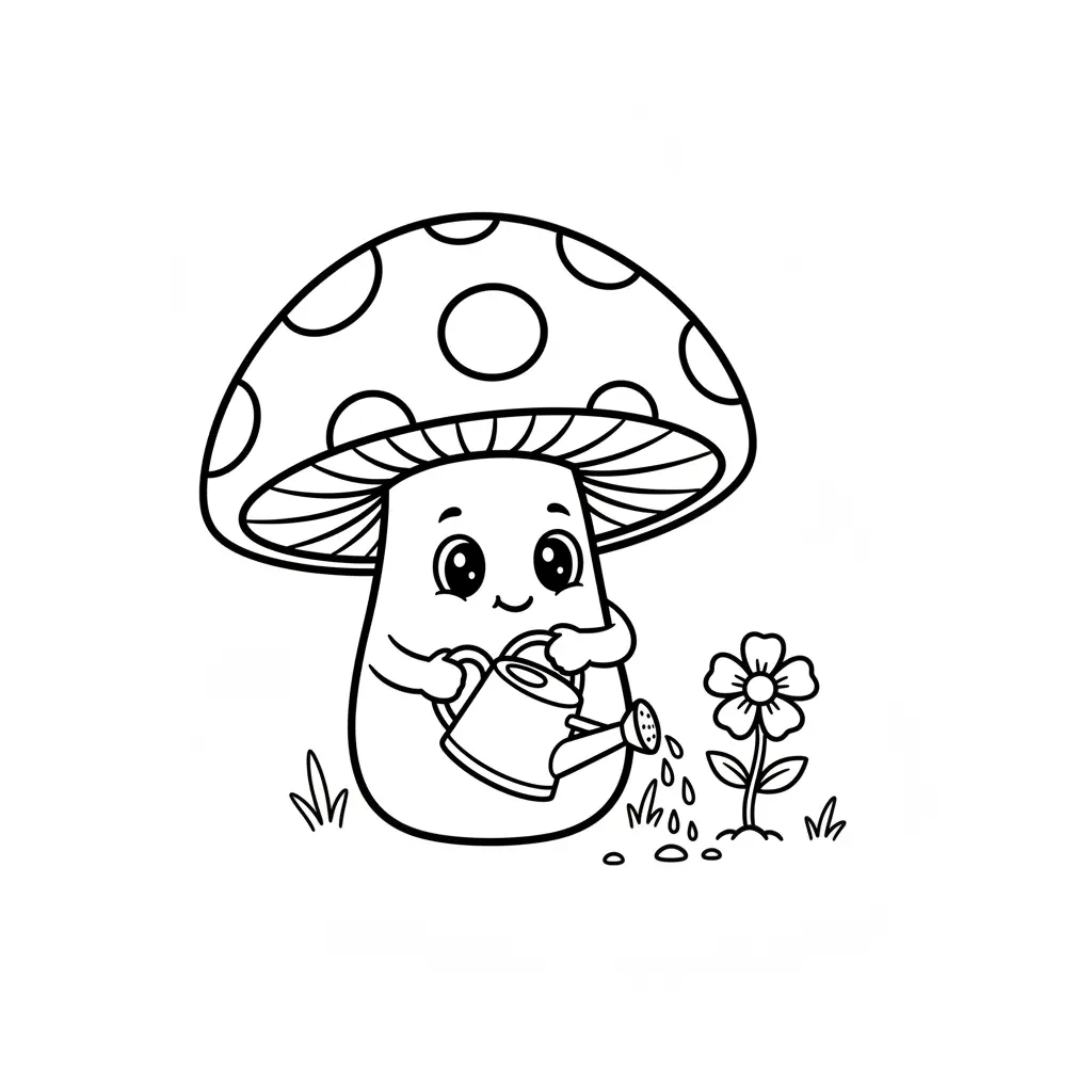 Line art coloring page showing a helpful mushroom watering a blooming flower with a small watering can.