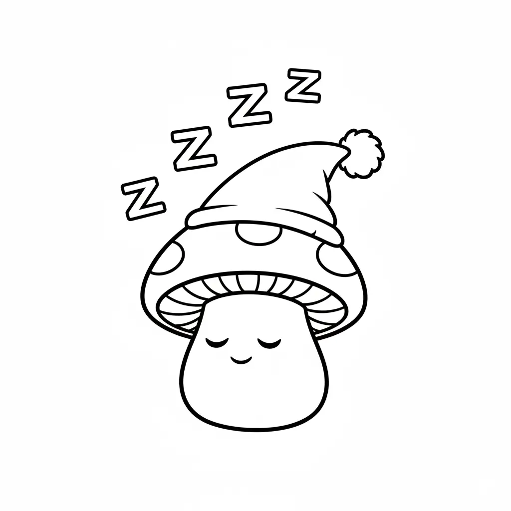 Outline of a sleeping mushroom wearing a long nightcap with a pom-pom and ZZZs floating above.