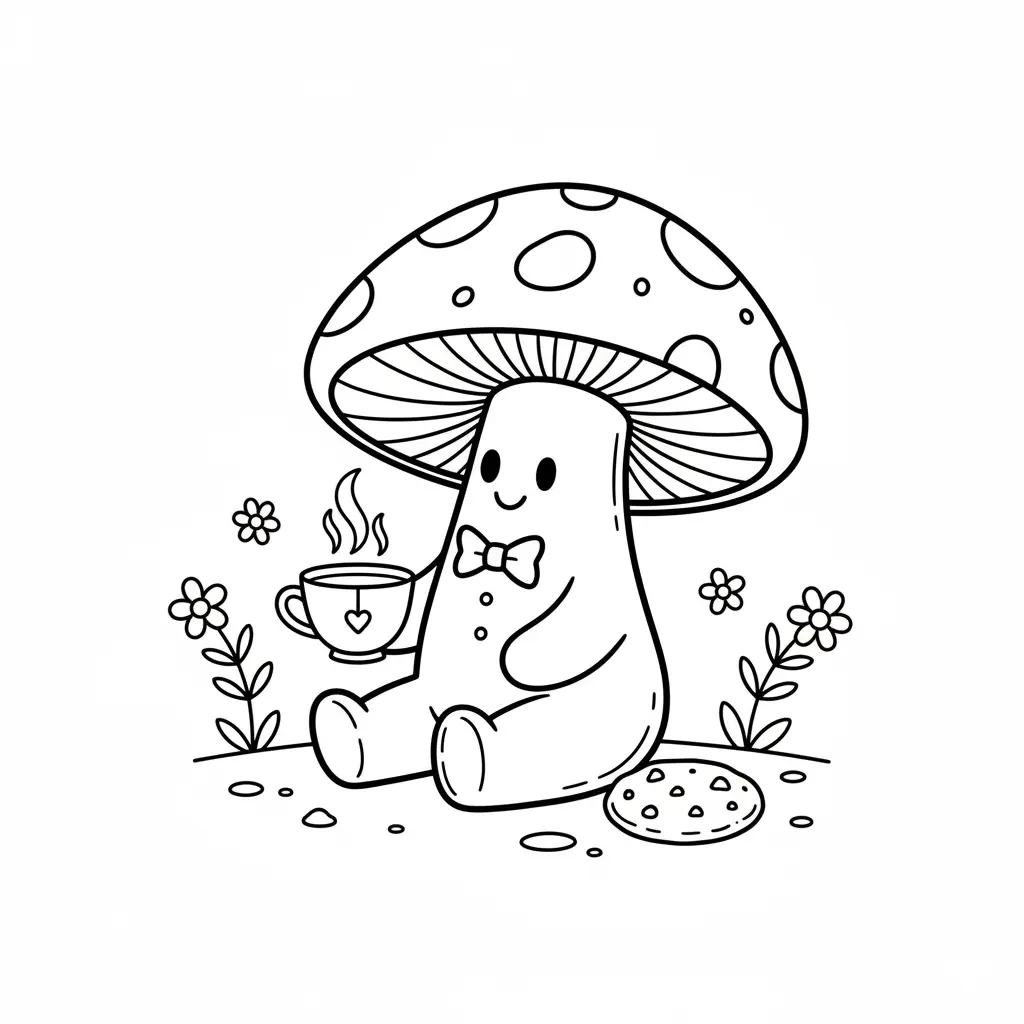Outline of a polite mushroom wearing a bow tie sitting with a hot cup of tea and a cookie.